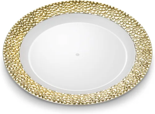 Vista 3 de Laura Stein [60 platos de 10 pulgadas] vajilla de diseñador de plástico pesado de alta calidad con borde dorado, plato de fiesta y boda, serie