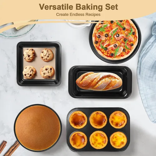 Vista 4 de Juego de utensilios para horno tostador de 5 piezas, sartenes compactas antiadherentes para horno pequeño, RV y cámper, incluye muffin, pan, pizza