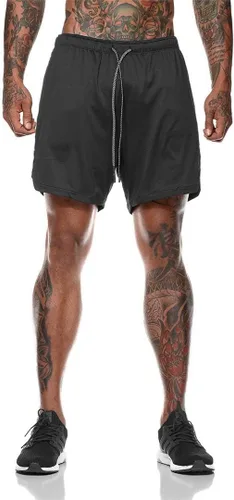 Vista 2 de Akk Pantalones cortos 2 en 1 para hombre, para correr, entrenamiento, yoga, gimnasio, deportes, con bolsillos para teléfono con cremallera