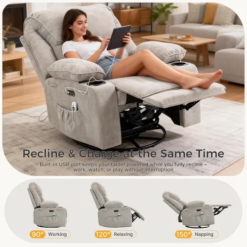 Vista 6 de Silla reclinable eléctrica con balanceo, giratorio y planeador para Gris claro