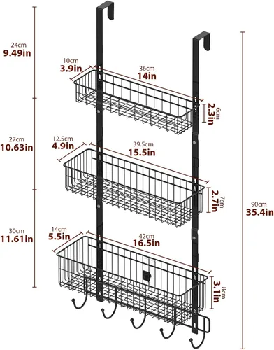 Vista 7 de YBING Organizador Sobre Puerta con Ganchos 3 Niveles Toallero Trasero Cestas de Metal Estantes de Almacenamiento Colgante para Dormitorio Baño Negro