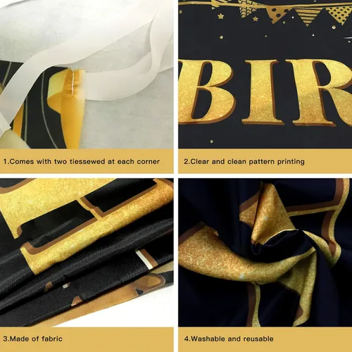 Vista 4 de Cartel grande de decoración de cumpleaños número 16, cartel de feliz cumpleaños número 16 negro y dorado, suministros de decoración de fiesta