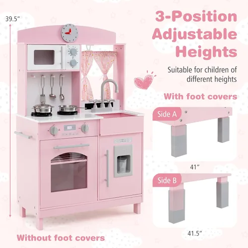 Vista 5 de Costzon Juego de Cocina para Niños, Juguetón de Madera de Pequeño Chef con 3 Alturas Ajustables, Barra de Toallas, Cortinas, Microondas, Estufas