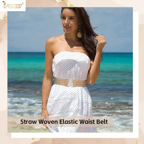 Vista 2 de JASGOOD Cinturón elástico tejido de paja verano Boho trenzado vestido cinturón mujeres cinturón elástico cinturón