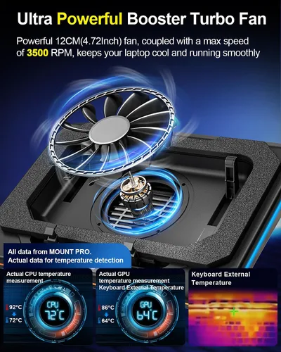 Vista 2 de MOUNT PRO Almohadilla de refrigeración para laptop para juegos, soporte enfriador RGB para laptop con potente turbofán (3500 RPM), almohadilla
