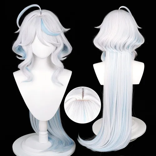 Vista 2 de Peluca de disfraz para Fontaine Furina Focalors Cosplay Pelucas Mujeres Anime Fiesta Cabello con Flequillo Azul Reflejos