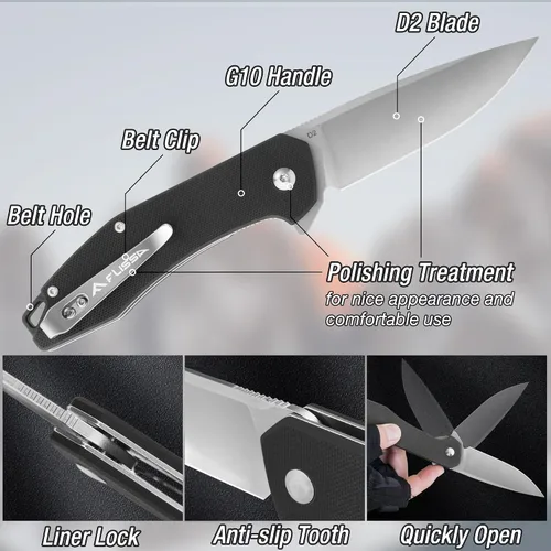 Vista 2 de FLISSA Cuchillo de bolsillo, cuchillo táctico plegable con mango G10, hoja D2, seguro de revestimiento, clip de bolsillo, cuchillo EDC para Negro
