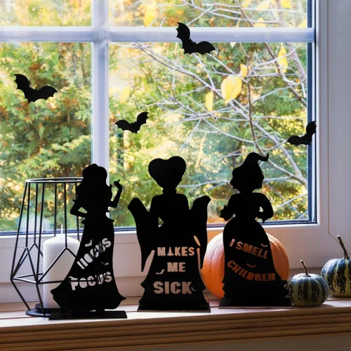 Vista 4 de 3 piezas de Hocus Pocus, centros de mesa de madera, decoración de bruja de Halloween