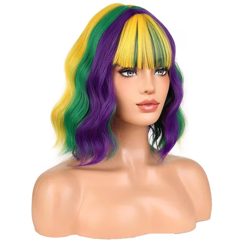Vista 18 de BERON Pelucas cortas verdes para mujer, peluca rizada ondulada con flequillo para niñas, pelucas de cabello de color verde aguacate, peluca