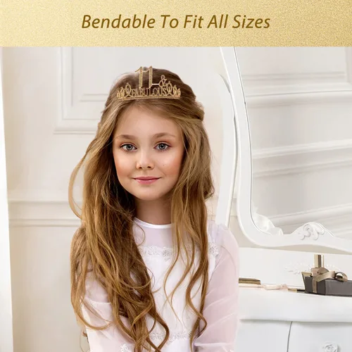 Vista 7 de EBE EmmasbyEmma Banda y tiara de cumpleaños número 11 para niñas, fabulosa banda con purpurina + fabulosa tiara de metal dorada de diamantes