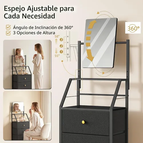 Vista 3 de HIGDBFE Tocador con espejo ajustable y 4 cajones, negro, 15.3 pulgadas de ancho