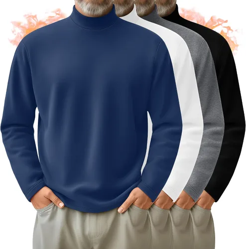 Vista 18 de Paquete de 4 Camisas de Cuello Alto Simulado para Hombre, Suéter Pullover Térmico de Manga Larga, Camiseta Interior Casual de Ajuste Holgado