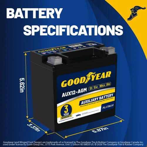 Vista 2 de Goodyear AUX12-AGM 12V 12 AH, 20RC, 200 CCA Platinum serie recargable AGM batería auxiliar sin mantenimiento