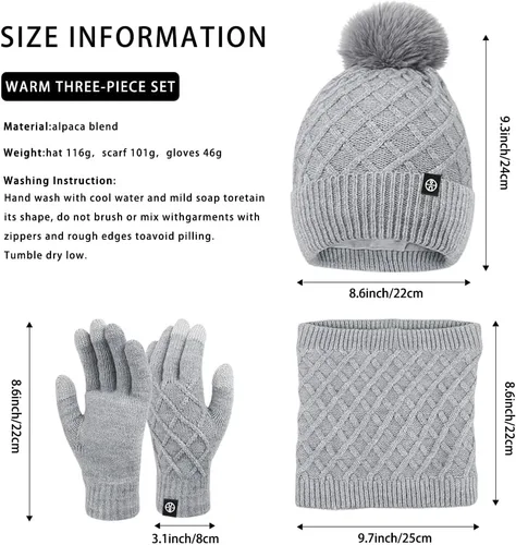 Vista 3 de Gorros de invierno para mujer, bufanda, guantes para pantalla táctil, juego cálido con patrón de cuadrícula, gorro holgado de punto con forro polar