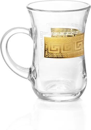 Vista 4 de Red Co. Juego de 6 tazas de té turco decoradas de vidrio transparente de 5 onzas líquidas con patrón de llave griega dorada y mango