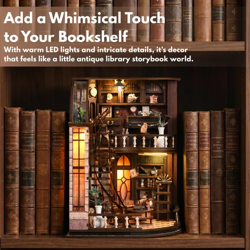 Vista 8 de FERAHI Kits de rincón de libros para adultos, decoración de rincón de libros con luz LED, kit de casa en miniatura, rompecabezas de madera 3D, kit