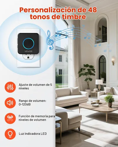 Vista 3 de VEVOR Kit de timbre inalámbrico, IP54 resistente al agua con rangos de hasta 1000 pies, 5 volúmenes ajustables, 48 tonos de llamada, fácil