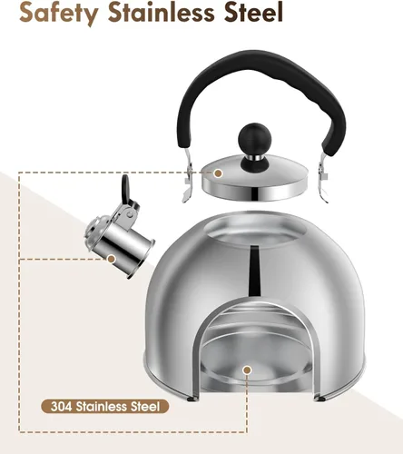 Vista 13 de Tetera para estufa - Tetera de acero inoxidable, hervidor de 2 litros para acampar, calefacción eficiente, silbato audible, mango seguro - hervidor