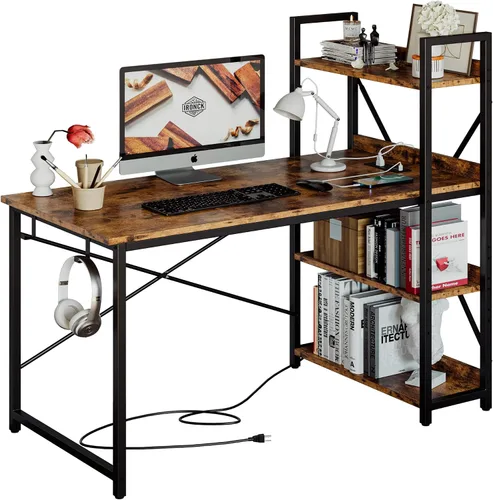 Vista 8 de Escritorio IRONCK para computadora de 47 pulgadas con toma de corriente y estantes de almacenamiento, mesa de estudio con estación de carga