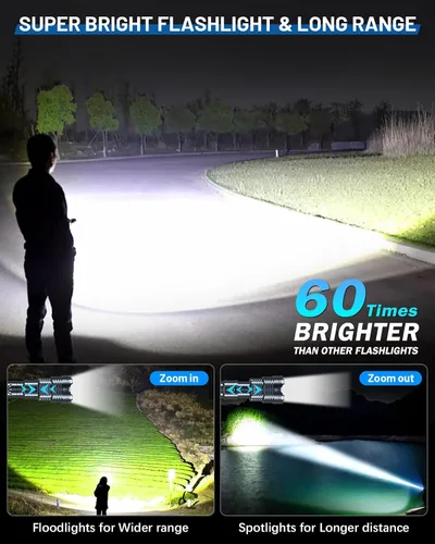 Vista 9 de Linternas superbrillantes de 99000 lúmenes altos, recargable, potente linterna LED de 6 modos, linternas tácticas con zoom, resistentes al desgaste