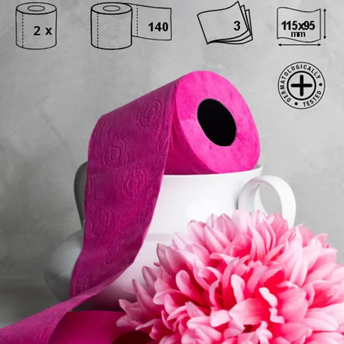 Vista 3 de Papel higiénico rosa 3 capas Caja de regalo 2 rollos 140 hojas de calidad premium