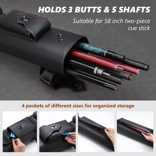 Vista 5 de Estuche para taco de billar de 3 x 5 pulgadas, funda rígida prémium para tacos de billar de 8 agujeros, estuche para tacos de billar para 2 piezas