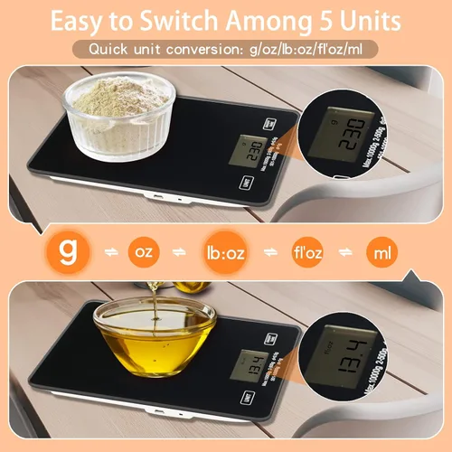 Vista 3 de Báscula de cocina digital para alimentos de 22.0 lbs/22 libras, carga USB con plataforma de vidrio templado impermeable, para perder peso, cocinar