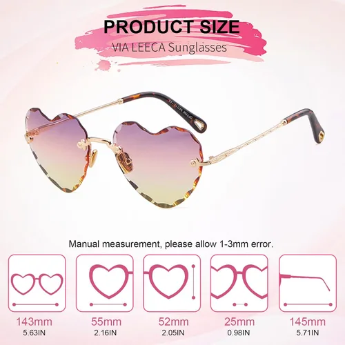 Vista 2 de VIA LEECA Gafas de sol sin montura con forma de corazón para mujer, gafas de sol grandes y modernas con marco de metal
