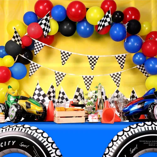 Vista 6 de Irenare 3 hojas de suministros para fiesta de cumpleaños de automóvil, decoraciones de fiesta de carreras, mantel de camino de mesa de carreras, Azul