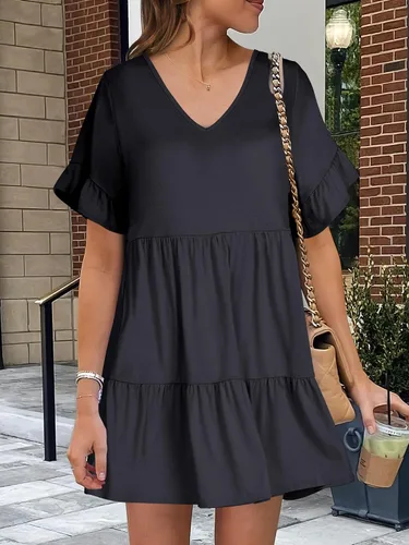 Vista 6 de ANRABESS Vestido de verano para mujer, con cuello en V, manga corta, con volantes, acampanado, escalonado, casual, minivestido de playa con bolsillos