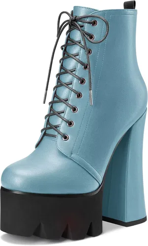 Vista 8 de HDEUOLM Botas de tobillo con tacón alto de bloque grueso para mujer, puntera redonda, botines cortos con cordones y cremallera, zapatos clásicos