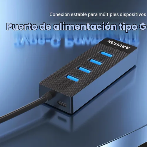 Vista 5 de Hub USB 3.0 de 4 puertos para escritorio, concentrador USB de 5 Gbps, adaptador multipuerto USB, divisor USB con cable de 5 pies de largo