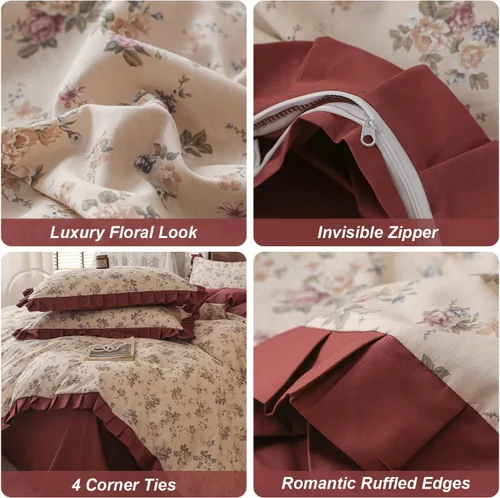 Vista 3 de OTOB Funda de edredón tamaño Queen de 3 piezas, 100% algodón con volantes, estética, floral, con 2 fundas de almohada, reversible, estilo shabby
