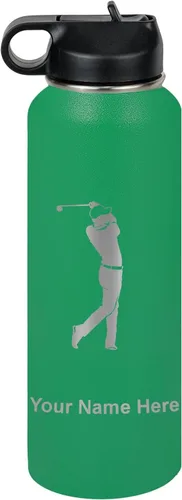 Vista 60 de LaserGram Botella de agua personalizada, golfista de golf, acero inoxidable de doble pared aislada al vacío con popote superior, regalo grabado Negro