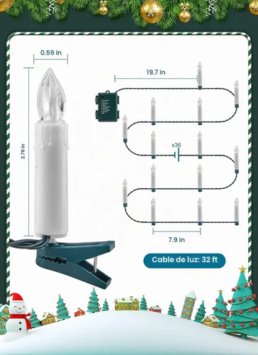 Vista 7 de Minetom Velas de Árbol de Navidad de 50 LED a Batería, Luces sin Llama de 48 Pies con Clip con 8 Modos, Cadena Blanca Cálida Impermeable para Blanco