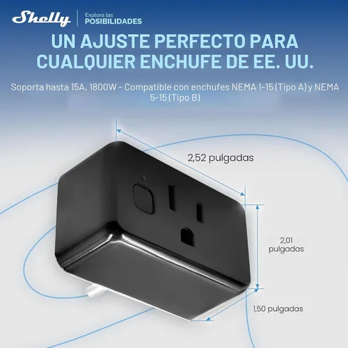 Vista 2 de Shelly Enchufe inteligente UL, WiFi, Bluetooth, Zigbee, salida de materia con medición de energía, funciona con HomeKit, Google Home, Alexa, Home