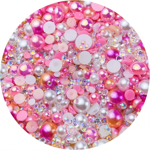 Vista 24 de Cuentas de resina con diamantes de imitación, mitad redonda, cuentas de perlas planas de 30 g, cuentas de media perla con diamantes de imitación