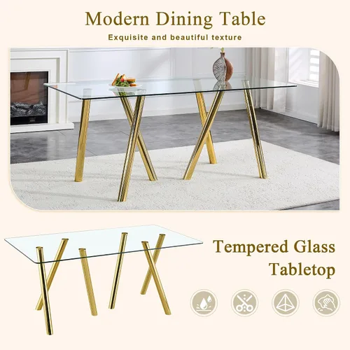 Vista 7 de Glam Style - Juego de 5 mesas de comedor para 4, mesa de comedor rectangular de vidrio templado de 71 pulgadas con base de metal dorado, sillas