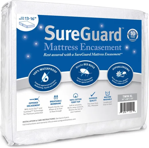 Vista 18 de Funda SureGuard Mattress Encasement de seis lados con cremallera, 100 % impermeable, hipoalergénica, Profunidad de 22.86 - 30.48 cm, Blanco, gemelo