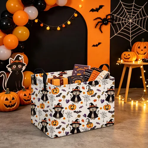 Vista 3 de Cesta rectangular de Halloween para gatos, cestas vacías de Halloween, cesta de truco o trato para niños y niñas, cestas de estantería, papelera