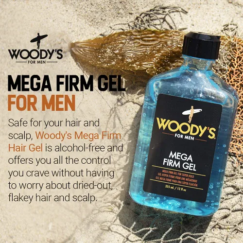 Vista 2 de Woody's Gel para el cabello Mega Firm para hombres, fijación fuerte, sin alcohol, sin escamas, gel para el cabello de los hombres para un