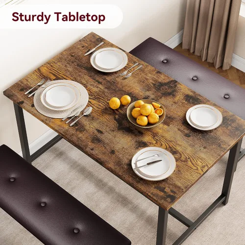 Vista 4 de GAOMON Juego de mesa de comedor para 4, mesa de cocina con bancos, juego de mesa de comedor rectangular con 2 bancos tapizados, juego de mesa