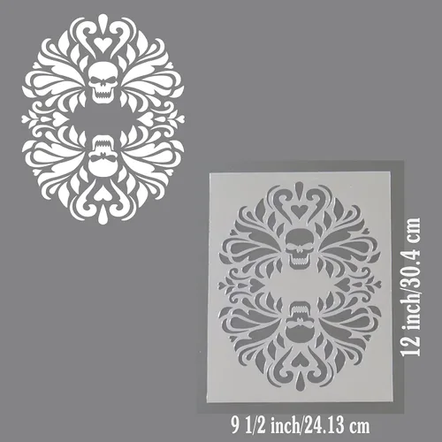 Vista 4 de Plantilla de damasco floral decorativa de doble calavera gótica de 9 1/2 x 12 pulgadas.