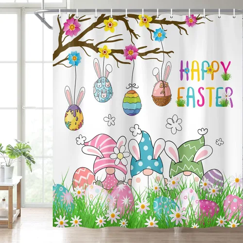 Vista 11 de Wathon Bonita cortina de ducha de conejo de Pascua, juego de decoración de baño con mariposa floral, tela de tela, juego de decoración de baño