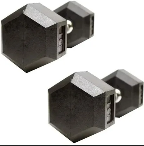 Vista 2 de Barbell Rubber encased Hex Dumbbell Weights with Metal Handles for Strength Training, Full Body Workout. Sold as a Pairs