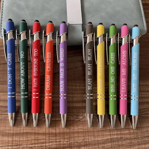 Vista 6 de Jxueych 10 bolígrafos motivacionales con citas sarcásticas, regalos de oficina, 2 en 1, elegante lápiz capacitivo de metal para pantallas táctiles