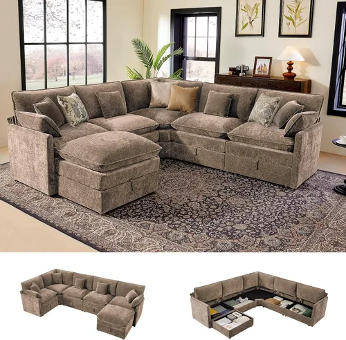 Vista 18 de Ihanherry Sofá modular de 103 pulgadas con almacenamiento, sofá de nube en forma de U con otomanas móviles y 4 almohadas, sofás seccionales