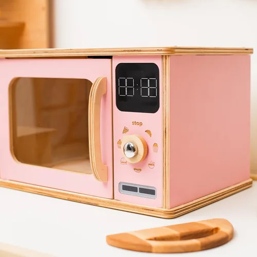 Vista 7 de Horno de microondas de madera para niños, muebles Montessori para niños pequeños, juguete de microondas, madera para niños, sala de juegos de madera