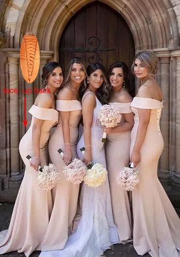 Vista 5 de Vestidos de dama de honor de sirena con hombros descubiertos para boda, vestidos de noche formales de satén, vestido de fiesta ajustado con cola