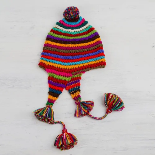 Vista 3 de NOVICA Sombrero Chullo multicolor 100% alpaca, arco iris táctil, Varios